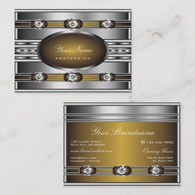 Tarjeta De Visita Elegante plateado con Diamantes de imitación falso (Anverso / Reverso)