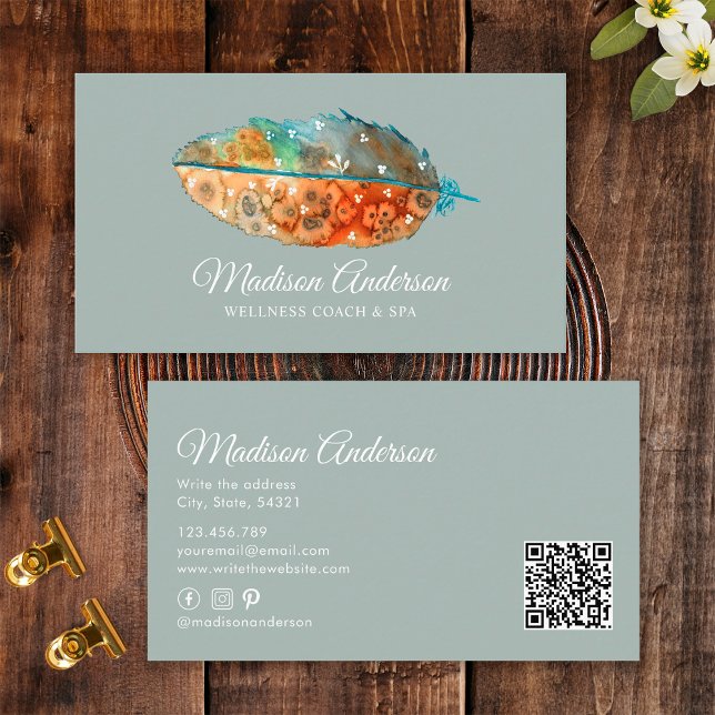 Tarjeta De Visita Elegante pluma acuática azul Boho Terracotta (Front and Back)