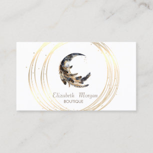 Tarjeta De Visita Elegante Pluma de Luna Dorada Círculos Loto