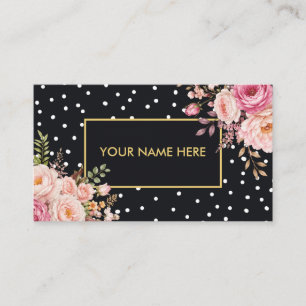 Tarjeta De Visita Elegante Polka Blanca con Marco Dorado y Rosas