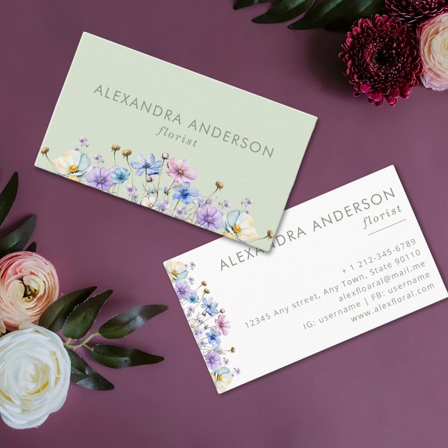 Tarjeta De Visita Elegante Profesional Botánico de Flores Silvestres (Elegant Botanical Wildflowers Professional Business Card )