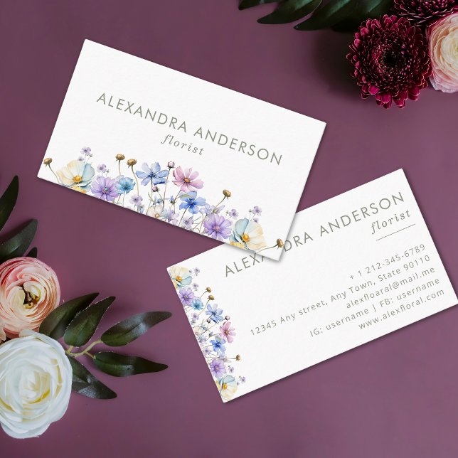 Tarjeta De Visita Elegante Profesional Botánico de Flores Silvestres (Elegant Botanical Wildflowers Professional Business Card)