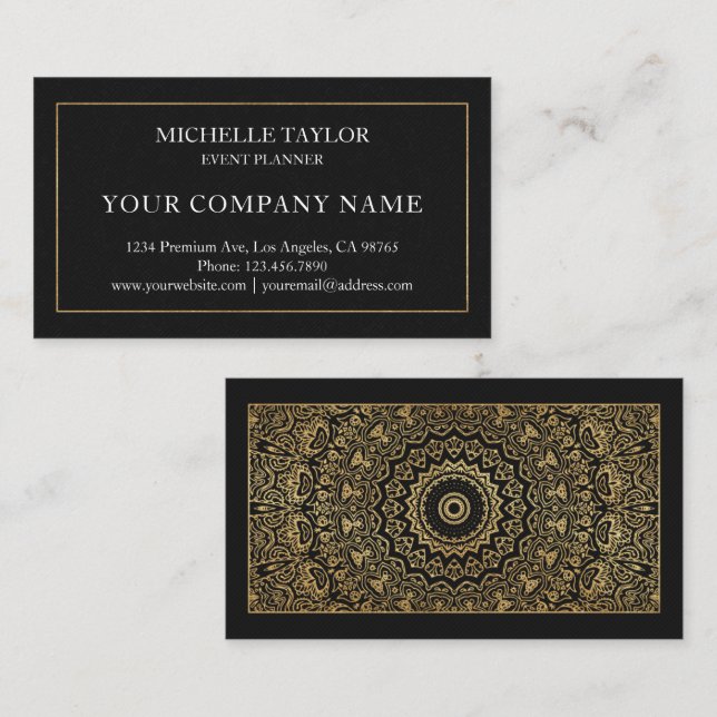Tarjeta De Visita Elegante Profesional de lujo Black Gold Mandala (Anverso / Reverso)