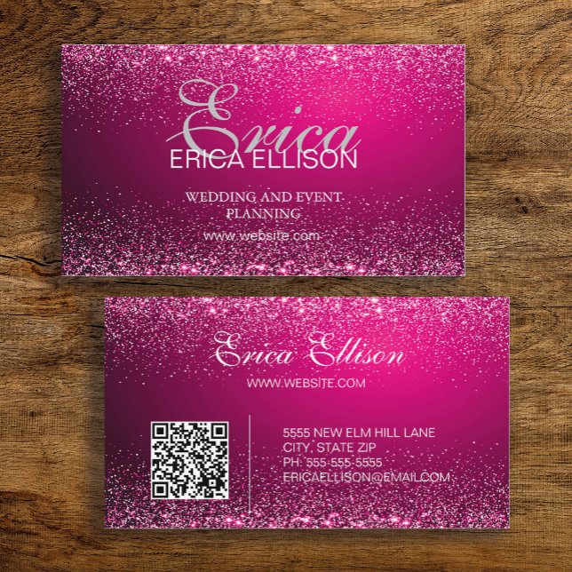Tarjeta De Visita Elegante Profesional Empresa QR Código Plata Rosa (Hot pink business card with silver glitter.  Includes a QR code for your website)