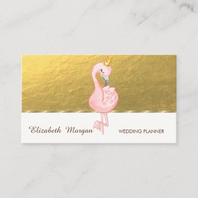 Tarjeta De Visita Elegante Profesional, Faux Gold, Pink Flamingo Cro (Anverso)