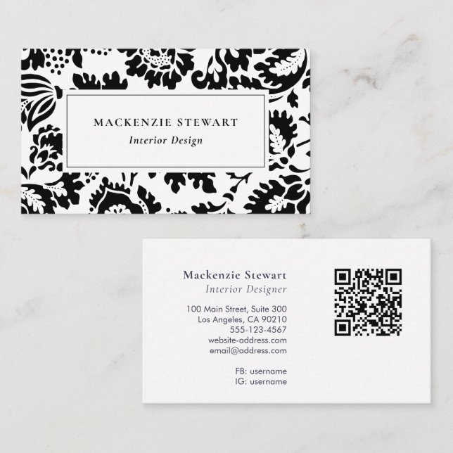 Tarjeta De Visita Elegante profesional floral blanco negro (Anverso / Reverso)