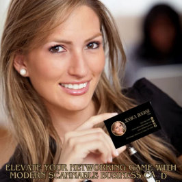 Tarjeta De Visita Elegante Profesional Foto Código QR Oro Negro