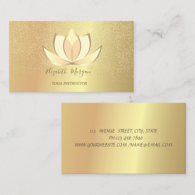 Tarjeta De Visita Elegante Profesional Lotus Gold Confetti Yoga (Anverso / Reverso)