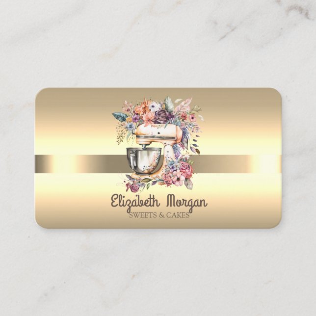 Tarjeta De Visita Elegante Profesional Mezclador Floral Stripe Gold (Anverso)