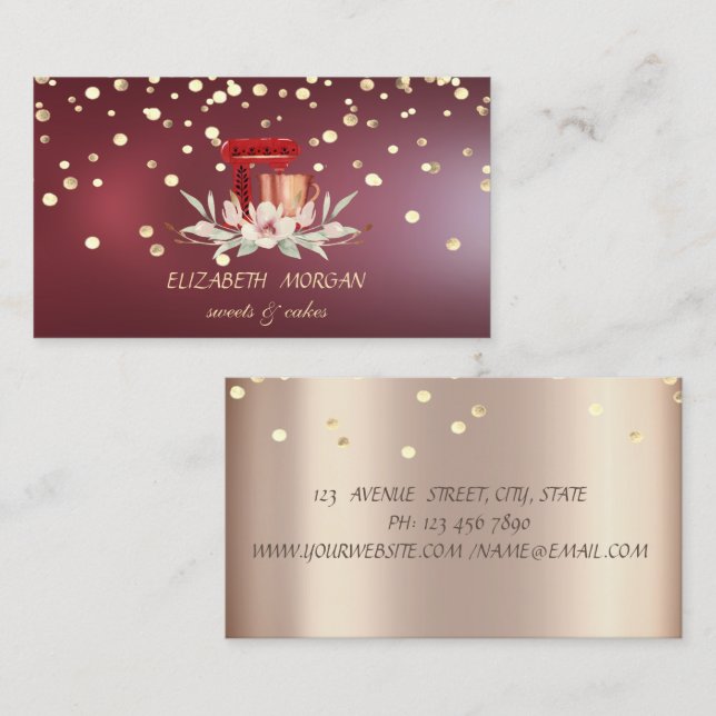 Tarjeta De Visita Elegante Profesional Mezclador Rojo Oscuro Floral (Anverso / Reverso)