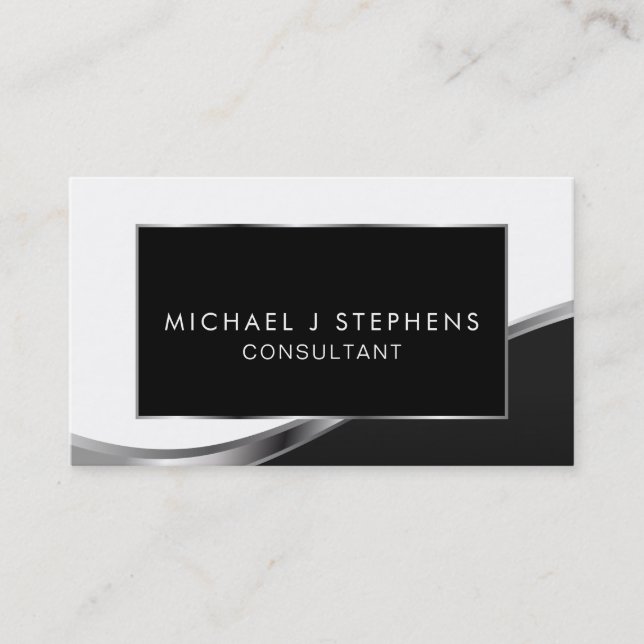 Tarjeta De Visita Elegante profesional moderno negro y plateado (Anverso)