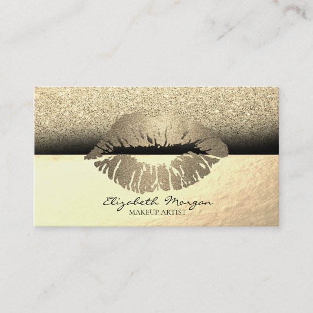 Tarjeta De Visita Elegante Profesional Monograma Gold Lips Purpurina (Anverso)