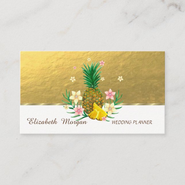 Tarjeta De Visita Elegante Profesional, Oro Falso, Flores de Piña (Anverso)