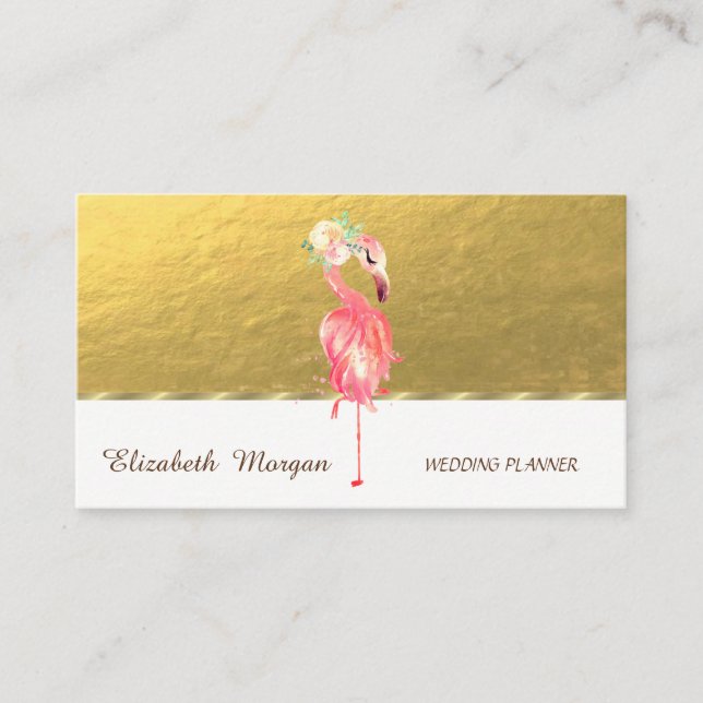 Tarjeta De Visita Elegante Profesional, Oro, Flor Flamingo Rosa (Anverso)
