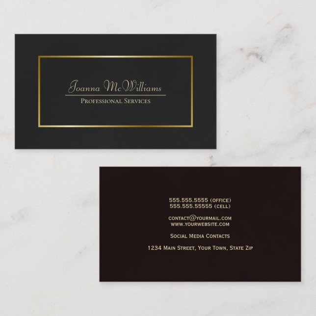 Tarjeta De Visita Elegante profesional simple negro y dorado (Anverso / Reverso)
