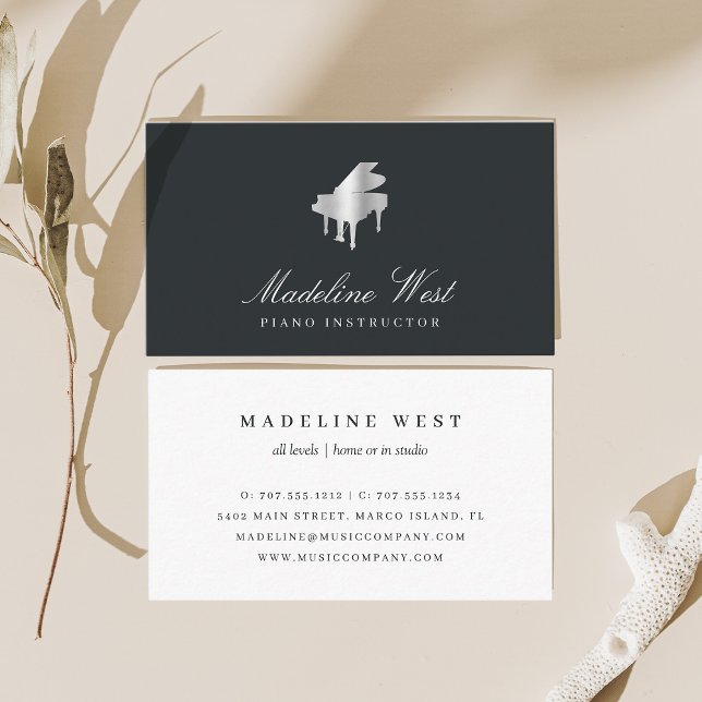 Tarjeta De Visita Elegante profesor de Piano Faux Silver o pianista (Subido por el creador)