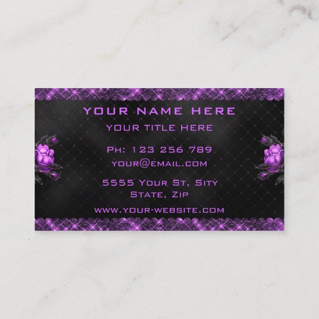 Tarjeta De Visita Elegante Purple Flowers Purpurina Black Business C (Reverso)
