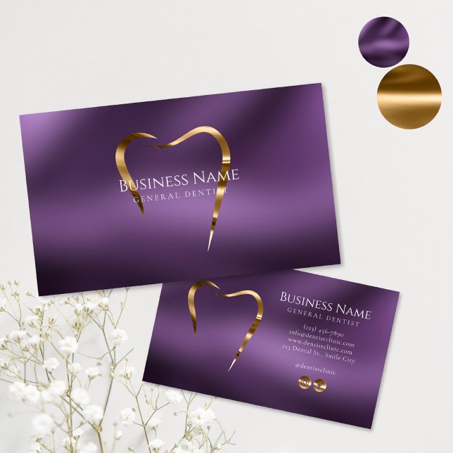 Tarjeta De Visita Elegante Purple Gold Dentist Business Card Diseño (Subido por el creador)