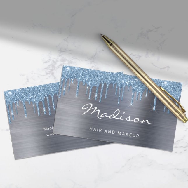 Tarjeta De Visita Elegante Purpurina Azul Cabello Y Maquillaje (Elegant Blue Glitter Drip Hair And Makeup Business Card)