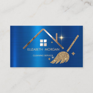 Tarjeta De Visita Elegante Purpurina Broom House Blue Metallic