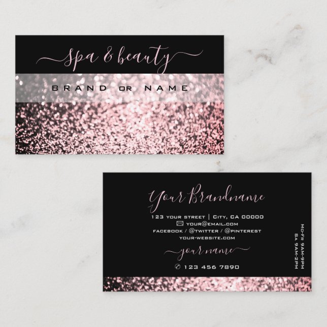 Tarjeta De Visita Elegante Purpurina de esparcen rosado negro profes (Anverso / Reverso)