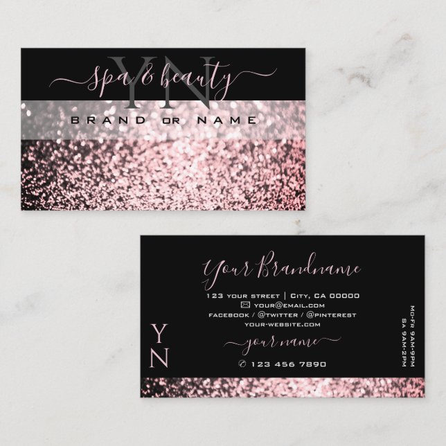 Tarjeta De Visita Elegante Purpurina de espuma rosa negro con monogr (Anverso / Reverso)