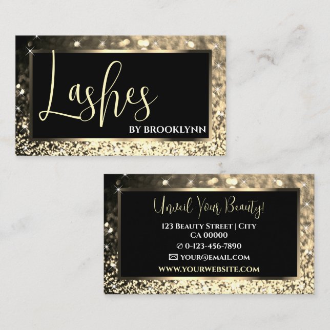 Tarjeta De Visita Elegante Purpurina de lujo negro dorado (Anverso / Reverso)