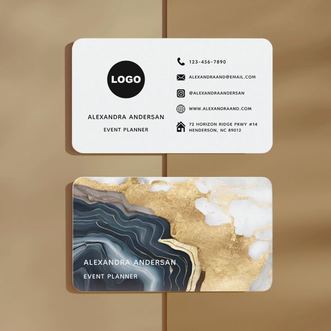 Tarjeta De Visita Elegante Purpurina de Mármol del Oro Negro Moderno (Chic Black White Gold Glitter Marble Agate Social Business Card)