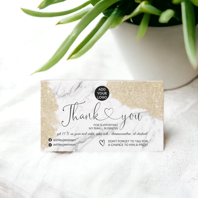 Tarjeta De Visita Elegante purpurina de mármol dorado orden de agrad (Elegant marble gold glitter logo order thank you business card)