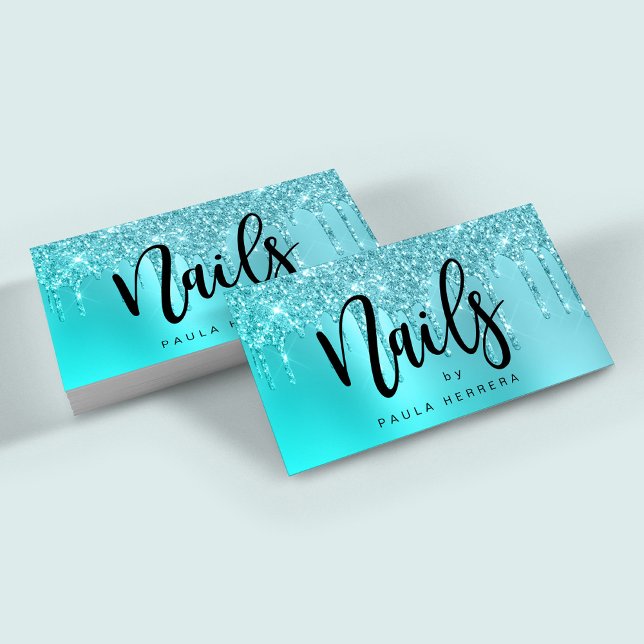 Tarjeta De Visita Elegante purpurina de menta azul acuático gotea uñ (Subido por el creador)