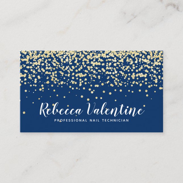 Tarjeta De Visita Elegante purpurina de moda oro confetti liso azul  (Anverso)