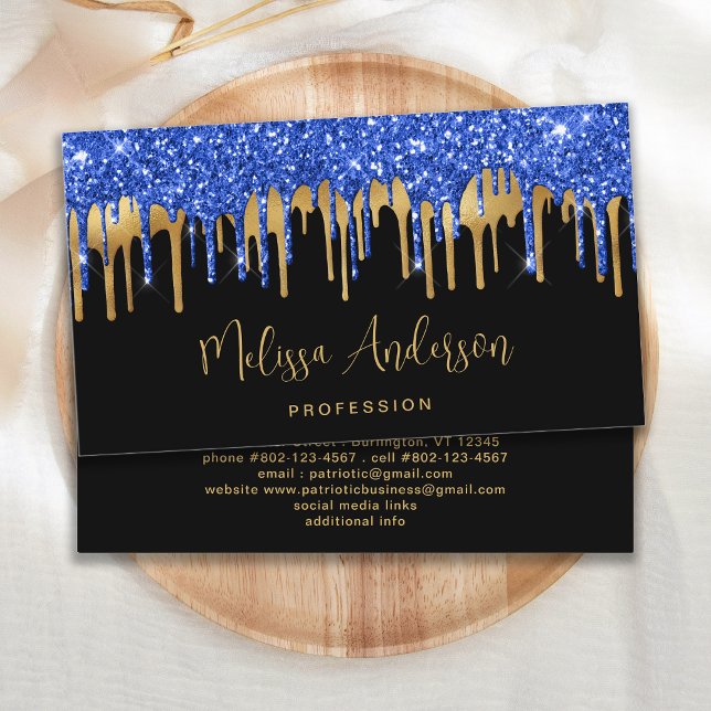Tarjeta De Visita Elegante Purpurina de oro azul gotea negro moderno (Subido por el creador)