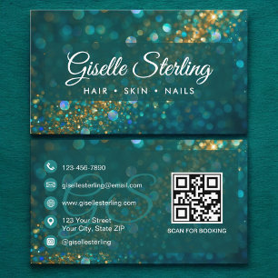 Tarjeta De Visita Elegante Purpurina de oro azul Verde azulado QR Co
