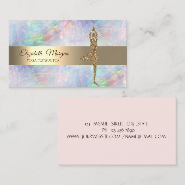 Tarjeta De Visita Elegante Purpurina de oro Chica de yoga Opal (Anverso / Reverso)