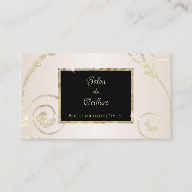Tarjeta De Visita Elegante Purpurina de Oro Filigree Salón de Oro Ne (Anverso)