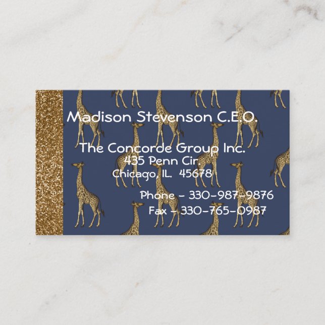 Tarjeta De Visita Elegante Purpurina de oro Giraffe Elegante (Anverso)