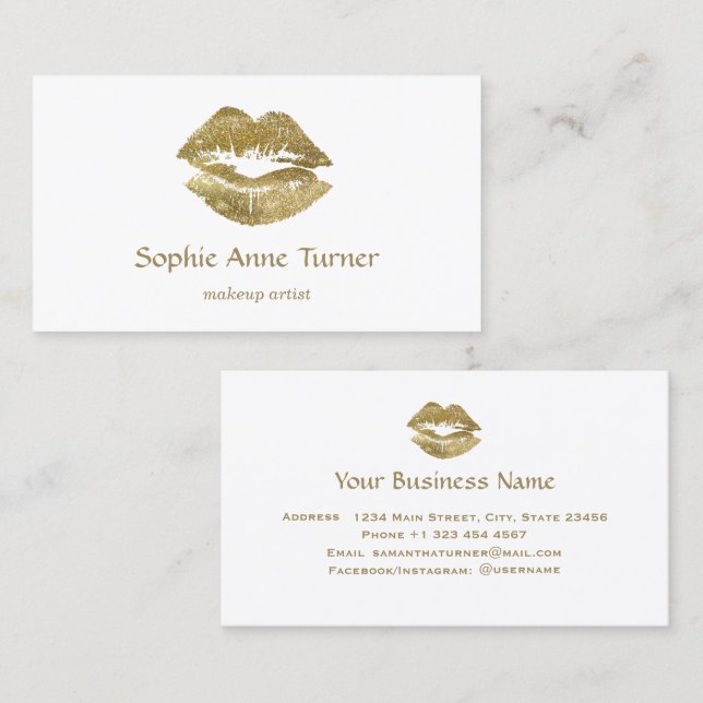 Tarjeta De Visita Elegante Purpurina de oro Lips Artista de maquilla (Anverso / Reverso)