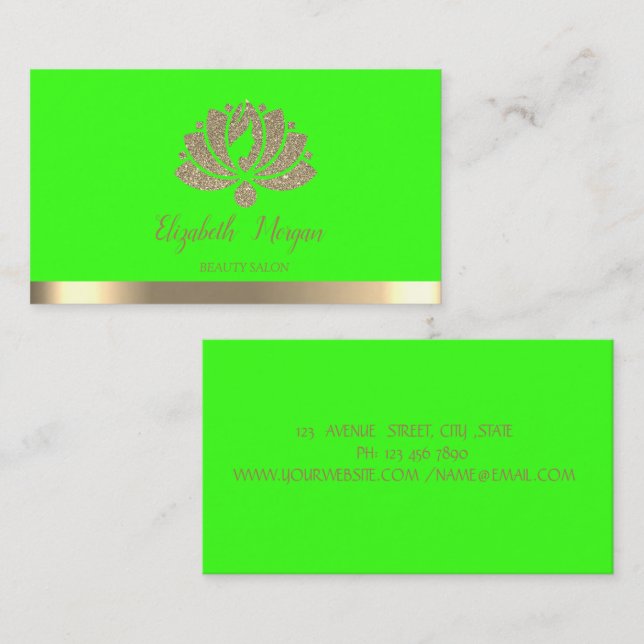 Tarjeta De Visita Elegante Purpurina de oro Lotus Green Neon (Anverso / Reverso)
