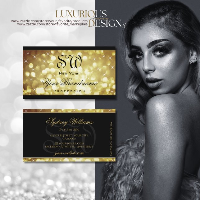 Tarjeta De Visita Elegante Purpurina de oro marrón estrellas Monogra (Subido por el creador)