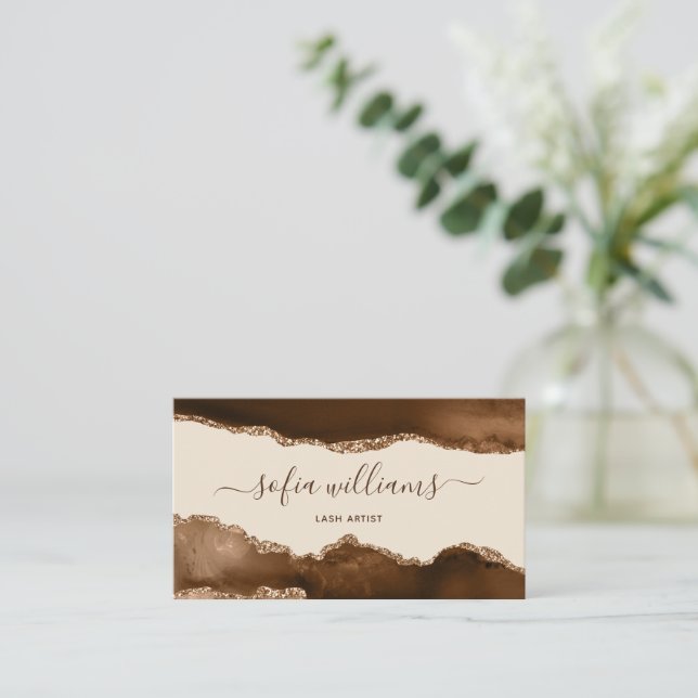 Tarjeta De Visita Elegante Purpurina de oro moderno Brown Agate Busi (Anverso de pie)