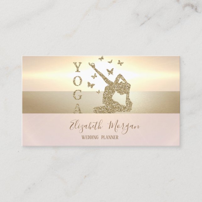 Tarjeta De Visita Elegante Purpurina de oro moderno Yoga (Anverso)