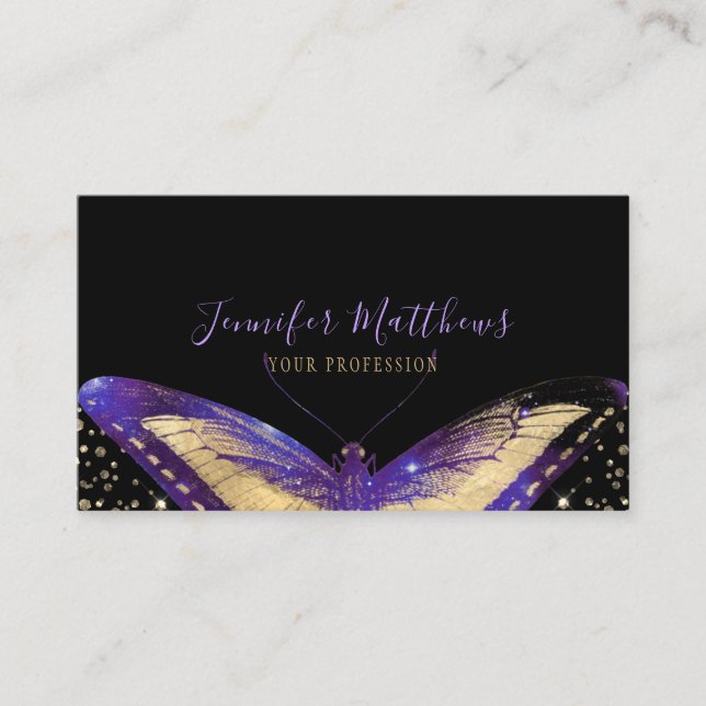 Tarjeta De Visita Elegante Purpurina de oro morado de mariposa (Anverso)