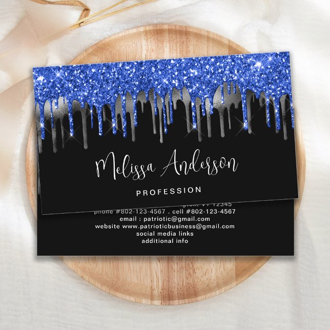 Tarjeta De Visita Elegante Purpurina de plata azul gotea negro moder (Subido por el creador)
