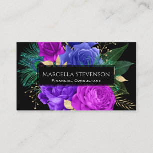 Tarjeta De Visita Elegante Purpurina de Rosas Floral Purple Fuchsia