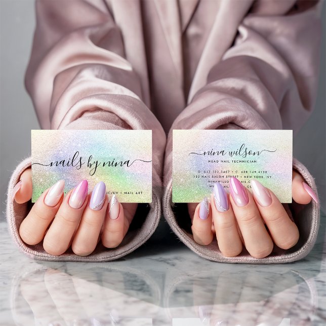 Tarjeta De Visita Elegante purpurina del arcoiris de la firma del gu (Elegant script signature holograph rainbow glitter)