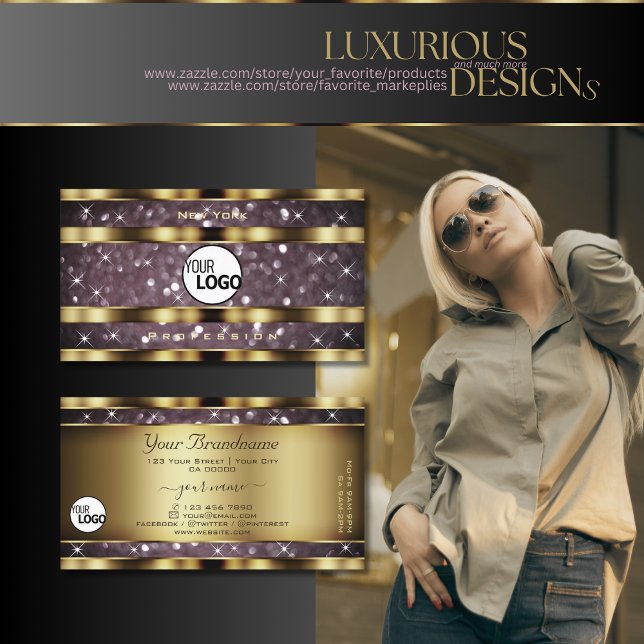Tarjeta De Visita Elegante Purpurina dorado morado Sparkle Stars aña (Subido por el creador)