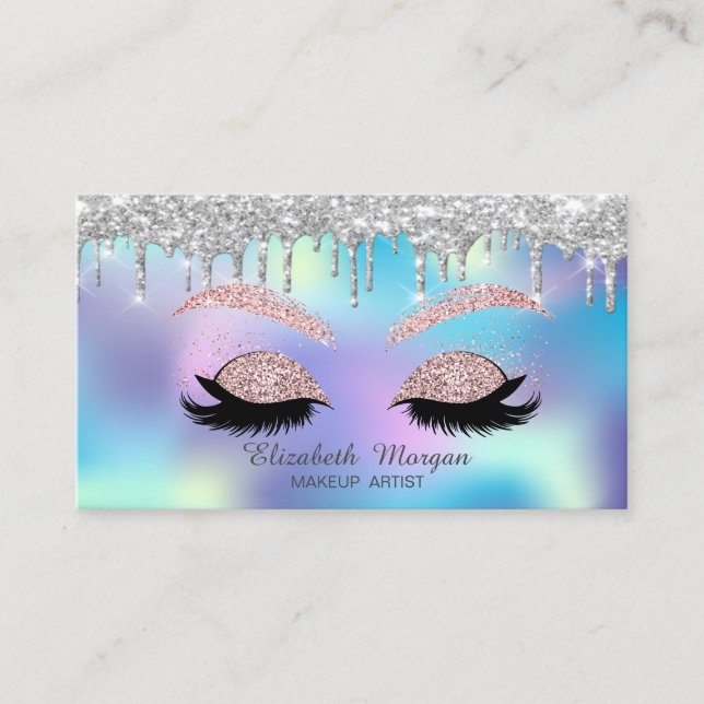 Tarjeta De Visita Elegante Purpurina Dris Faux Lashes Holográfico Az (Anverso)