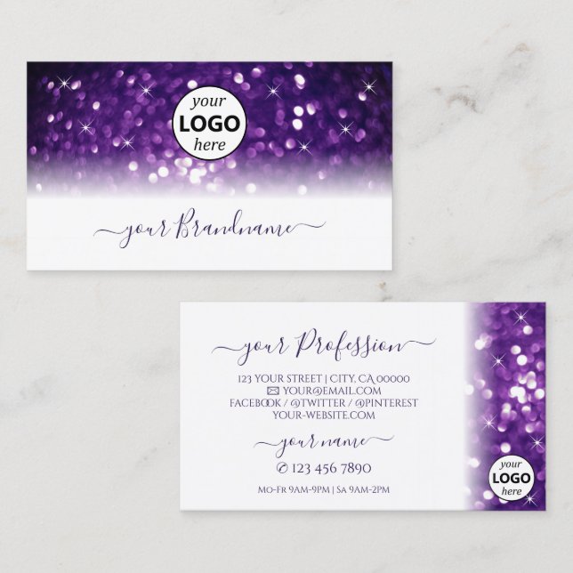 Tarjeta De Visita Elegante Purpurina espumoso morado blanco con logo (Anverso / Reverso)