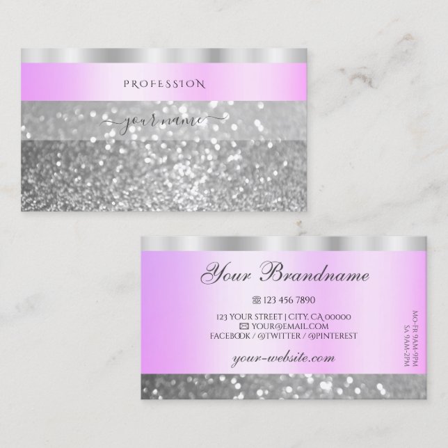 Tarjeta De Visita Elegante Purpurina espumoso rosa y plateado (Anverso / Reverso)