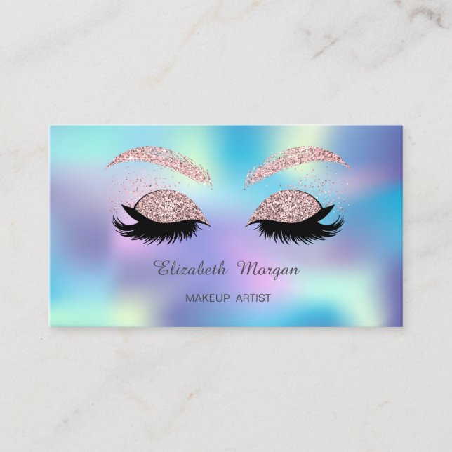 Tarjeta De Visita Elegante Purpurina Faux Lashes Blue Holographic (Anverso)